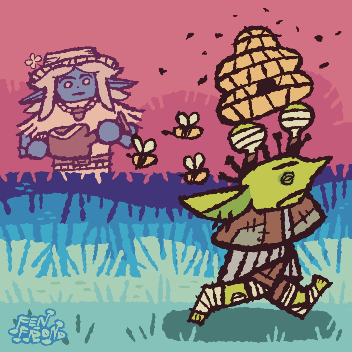 a goblin runs away from bees while toting a hive on their head, an elf watches from afar