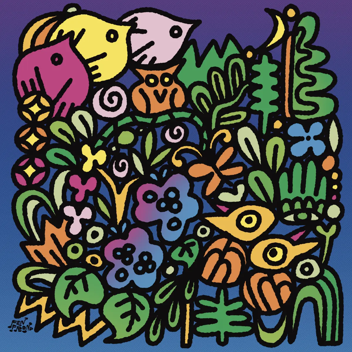 abstract elves in a forest with soaring birds and an owl
