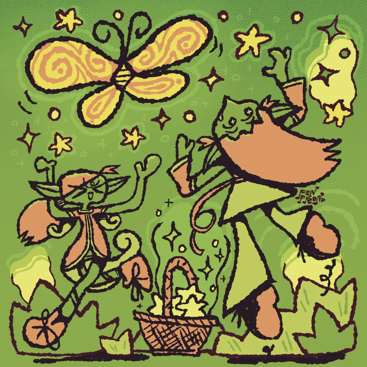 two elves catching falling stars in a field