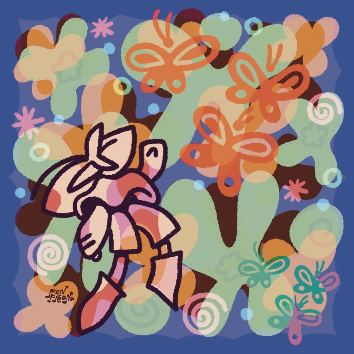 an elf flies through a sky with abstract colourful flowery shapes