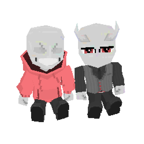 model of a skeletal figure in sweater and a mouthless horned figure in formal clothes, sitting cutely. characters belong to cinnamonbreaker.