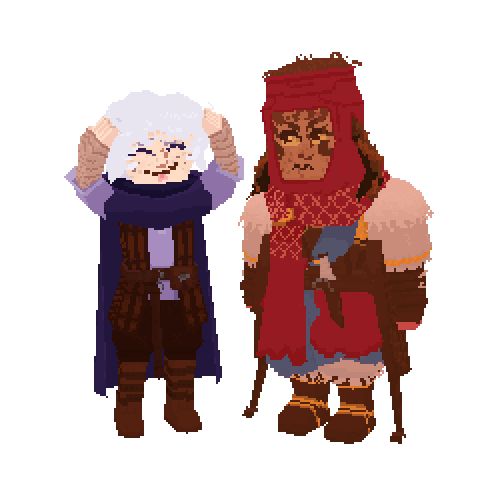 model of a character in cloak, posed with hands on head with a silly expression, next to a character in layered armor, standing with crutches, looking grumpy. characters belong to possessedbox and portocor.net