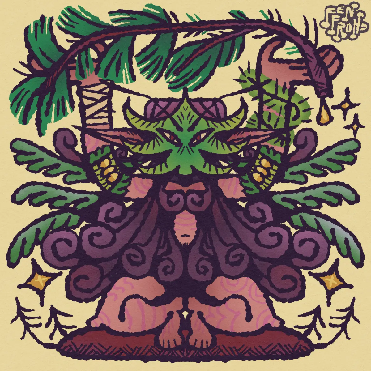a pine-themed elf with a leaf mask holds up a pine bough