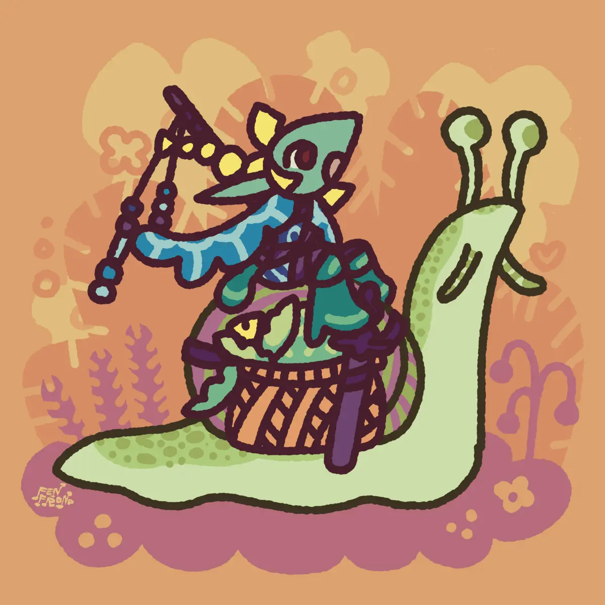 a small elf rides on the shell of a happy snail