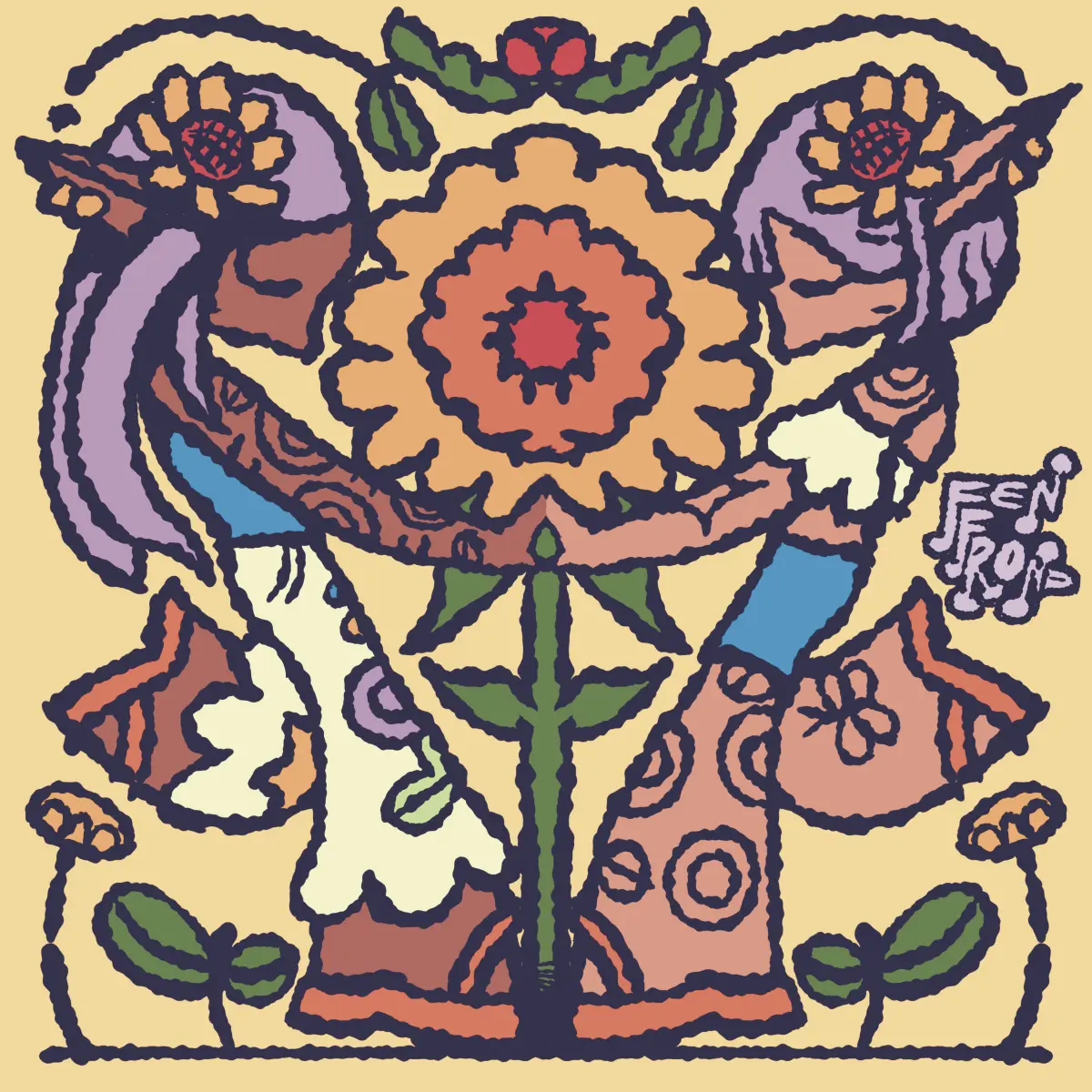 two elves with hands held sweetly, dancing around a sunflower