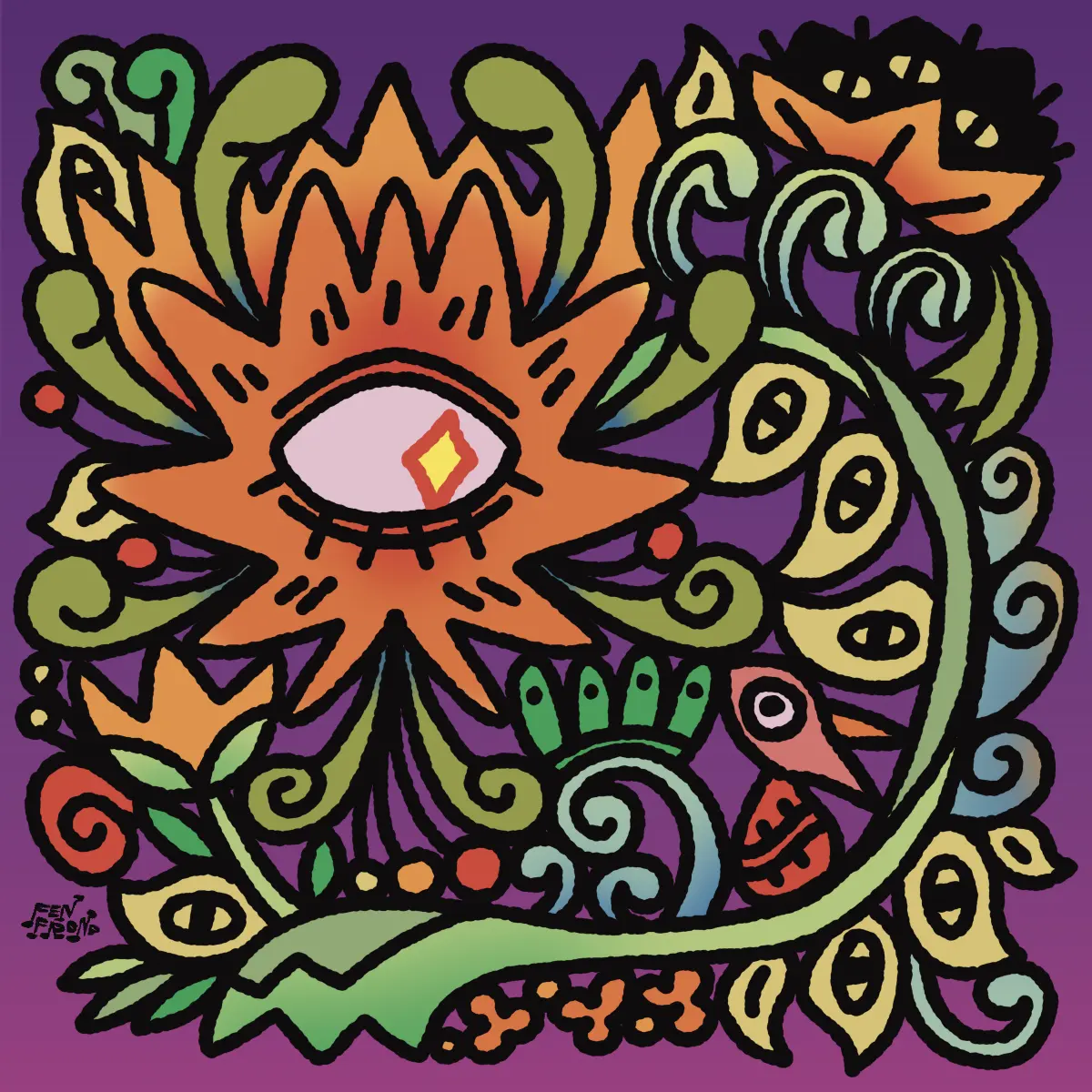 abstract elf finds themself in the tangled vines of a living plant with many eyes